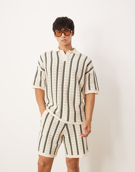 ASOS DESIGN Relaxed Crochet Knitted Polo With Stripe Pattern Co-ord In Ecru And Dark Green