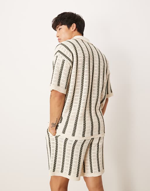 ASOS DESIGN Relaxed Crochet Knitted Polo With Stripe Pattern Co-ord In Ecru And Dark Green