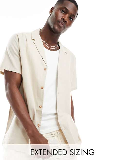 ASOS DESIGN Relaxed Deep Revere Linen Shirt In Stone