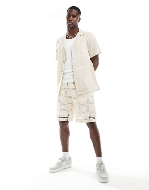 ASOS DESIGN Relaxed Deep Revere Linen Shirt In Stone