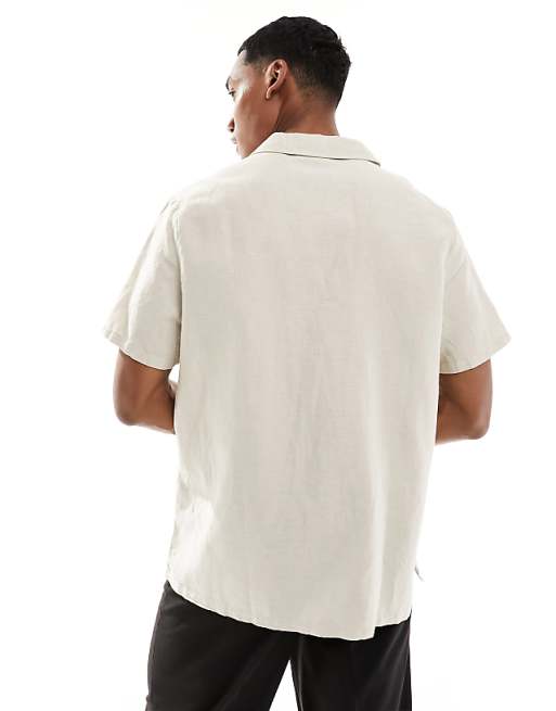 ASOS DESIGN Relaxed Deep Revere Linen Shirt In Stone
