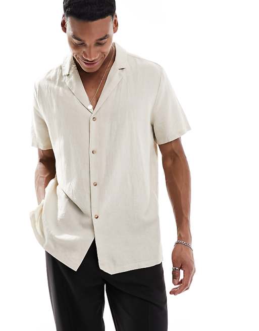 ASOS DESIGN Relaxed Deep Revere Linen Shirt In Stone