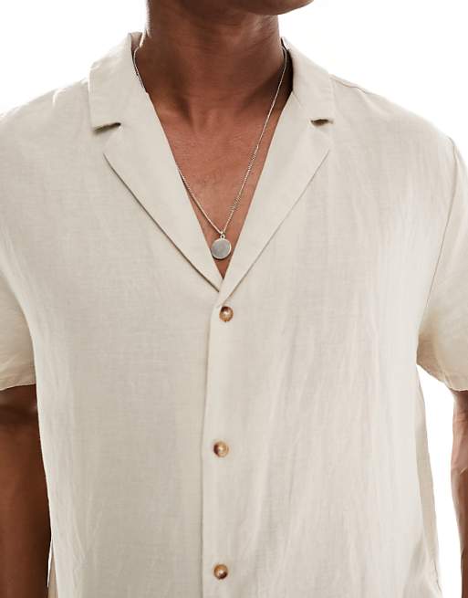 ASOS DESIGN Relaxed Deep Revere Linen Shirt In Stone