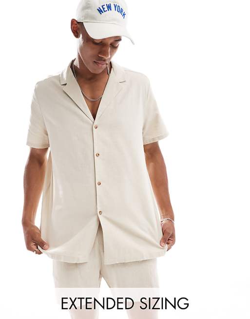 ASOS DESIGN relaxed deep revere linen shirt in stone