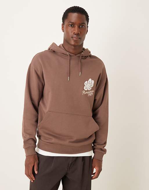 ASOS DESIGN relaxed fit hoodie with floral print in brown
