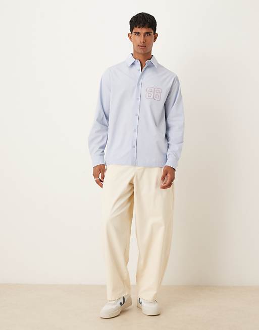 ASOS DESIGN Relaxed Fit Long Sleeved Shirt With Print Detail In Blue Poplin