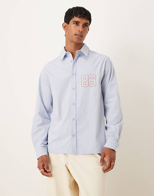 ASOS DESIGN Relaxed Fit Long Sleeved Shirt With Print Detail In Blue Poplin