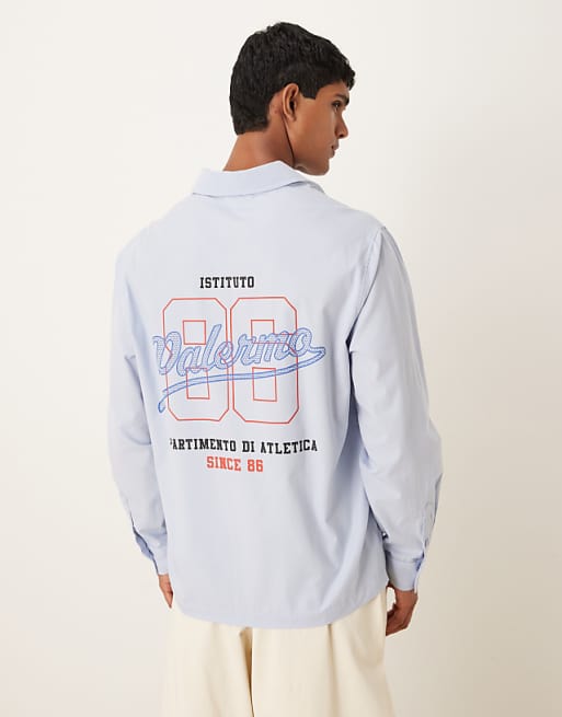 ASOS DESIGN relaxed fit long sleeved shirt with print detail in blue poplin