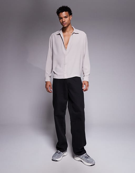 ASOS DESIGN Relaxed Fit Open Neck Satin Shirt In Beige