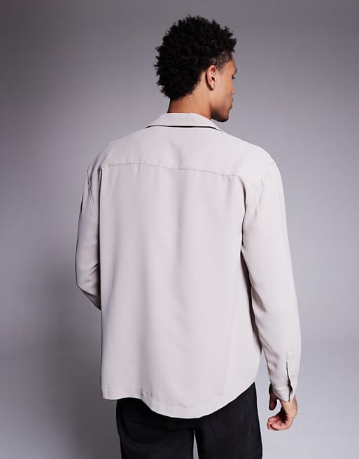 ASOS DESIGN Relaxed Fit Open Neck Satin Shirt In Beige