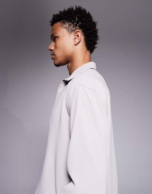 ASOS DESIGN Relaxed Fit Open Neck Satin Shirt In Beige