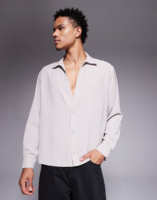 ASOS DESIGN relaxed fit open neck satin shirt in beige