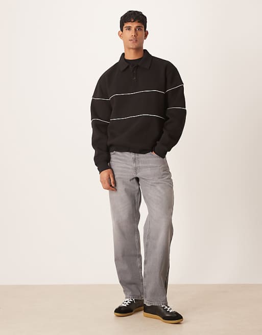 ASOS DESIGN Relaxed Fit Polo Sweatshirt With Piping In Black
