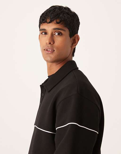 ASOS DESIGN Relaxed Fit Polo Sweatshirt With Piping In Black