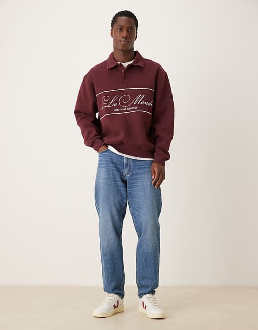 ASOS DESIGN Relaxed Fit Polo Sweatshirt With Piping And Embroidery In Burgundy