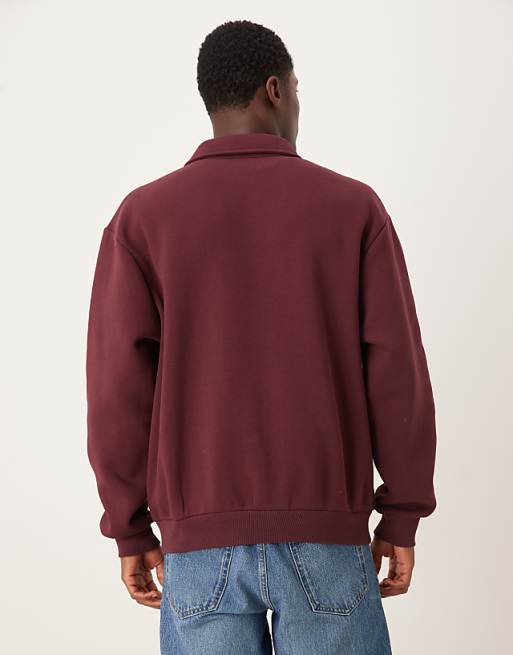 ASOS DESIGN Relaxed Fit Polo Sweatshirt With Piping And Embroidery In Burgundy