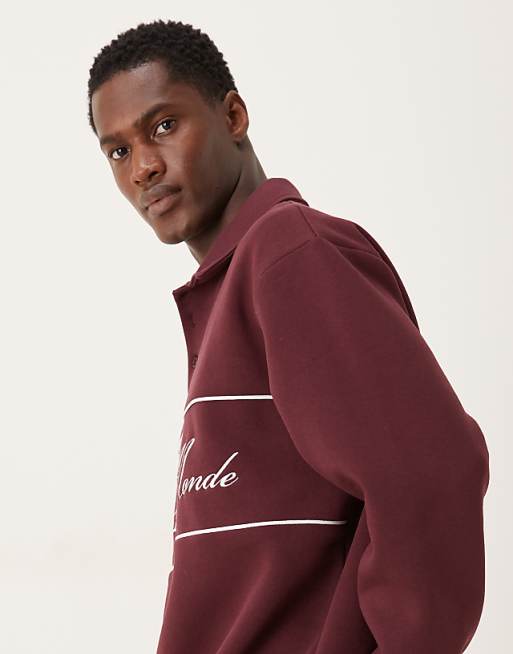 ASOS DESIGN Relaxed Fit Polo Sweatshirt With Piping And Embroidery In Burgundy
