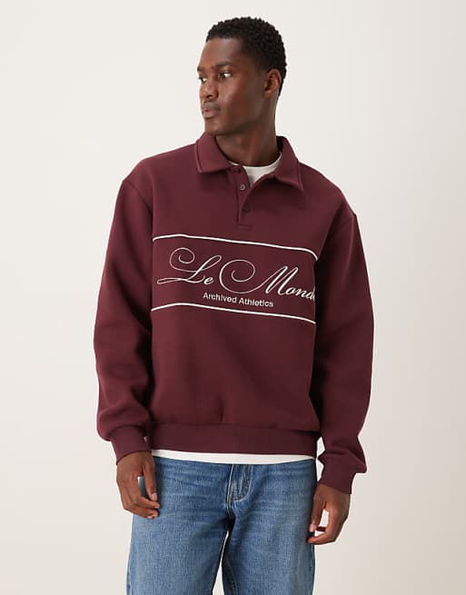 ASOS DESIGN relaxed fit polo sweatshirt with piping and embroidery in burgundy