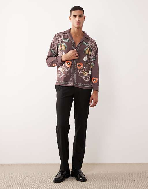ASOS DESIGN Relaxed Fit Revere Collar Satin Shirt With Print Detail In Brown