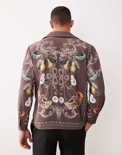ASOS DESIGN Relaxed Fit Revere Collar Satin Shirt With Print Detail In Brown