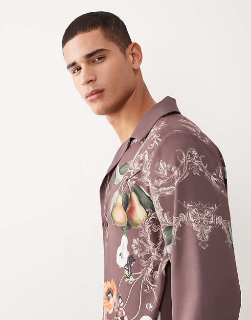 ASOS DESIGN Relaxed Fit Revere Collar Satin Shirt With Print Detail In Brown