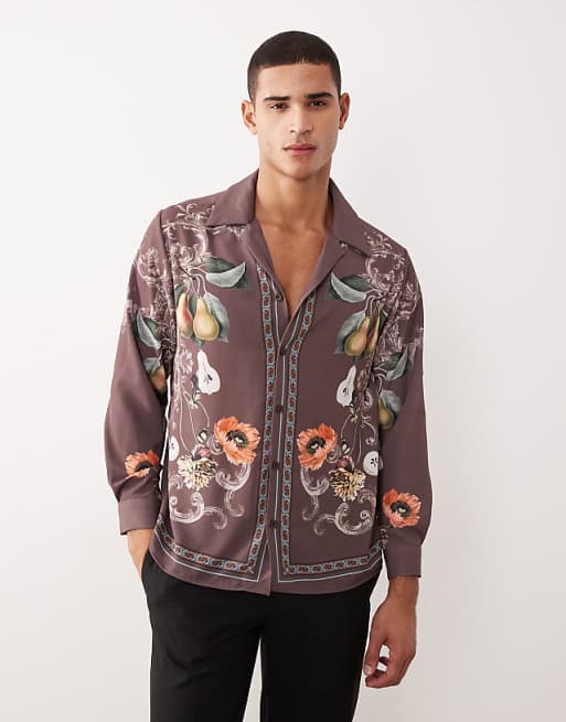 ASOS DESIGN relaxed fit revere collar satin shirt with print detail in brown