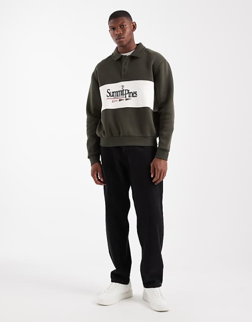 ASOS DESIGN Relaxed Fit Rugby Polo Sweatshirt With Colour Blocking And Print In Green