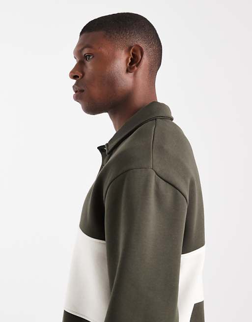 ASOS DESIGN Relaxed Fit Rugby Polo Sweatshirt With Colour Blocking And Print In Green