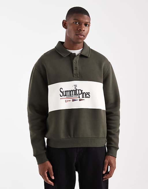 ASOS DESIGN relaxed fit rugby polo sweatshirt with colour blocking and print in green