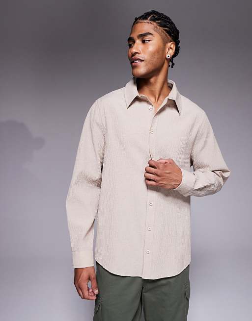 ASOS DESIGN relaxed fit shirt with crinkle texture in brown