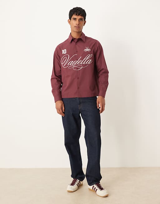 ASOS DESIGN Relaxed Fit Shirt With Embroidery In Burgundy