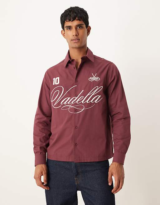 ASOS DESIGN relaxed fit shirt with embroidery in burgundy