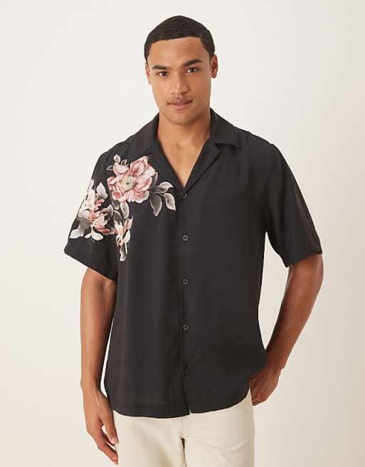 ASOS DESIGN relaxed fit shirt with floral print detail in black