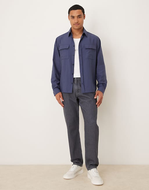 ASOS DESIGN Relaxed Fit Shirt With Pocket Detail In Navy Cotton