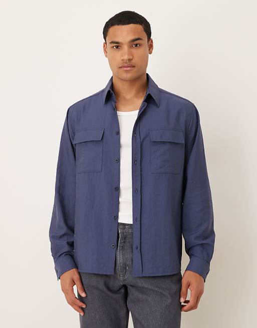 ASOS DESIGN relaxed fit shirt with pocket detail in navy cotton