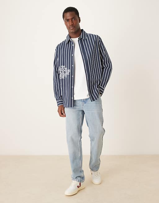 ASOS DESIGN Relaxed Fit Shirt With Print Detail In Navy Stripe