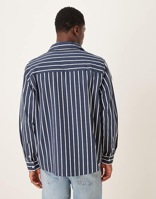 ASOS DESIGN Relaxed Fit Shirt With Print Detail In Navy Stripe