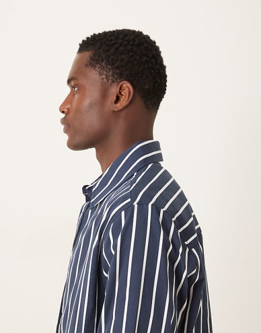 ASOS DESIGN Relaxed Fit Shirt With Print Detail In Navy Stripe