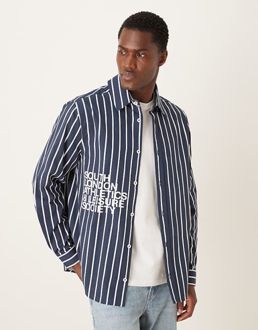 ASOS DESIGN relaxed fit shirt with print detail in navy stripe