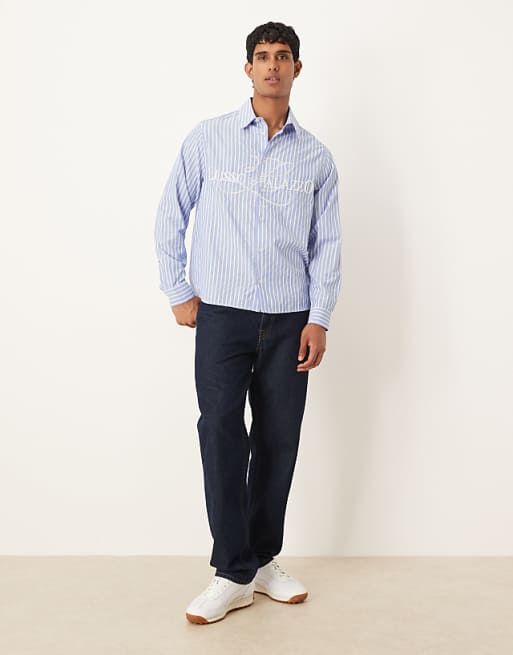 ASOS DESIGN Relaxed Fit Striped Shirt With Embroidery In Blue