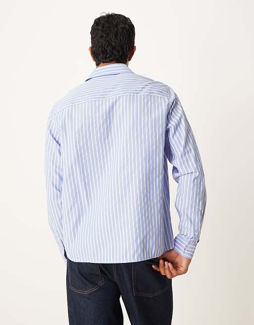 ASOS DESIGN Relaxed Fit Striped Shirt With Embroidery In Blue