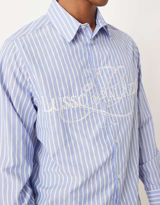 ASOS DESIGN Relaxed Fit Striped Shirt With Embroidery In Blue