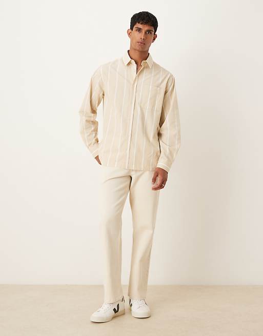 ASOS DESIGN Relaxed Fit Striped Shirt With Embroidery Detail In Sand