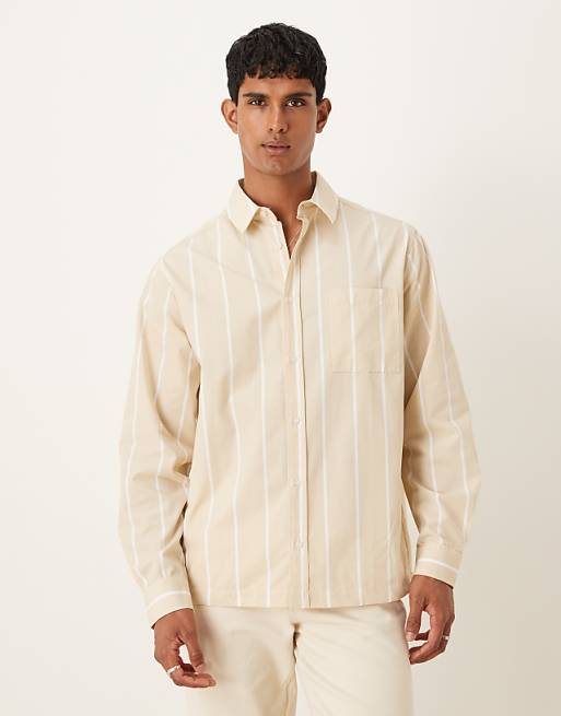 ASOS DESIGN Relaxed Fit Striped Shirt With Embroidery Detail In Sand