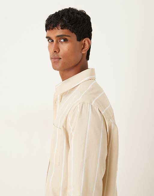 ASOS DESIGN Relaxed Fit Striped Shirt With Embroidery Detail In Sand