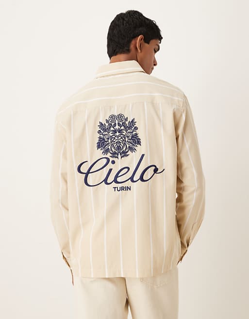 ASOS DESIGN relaxed fit striped shirt with embroidery detail in sand