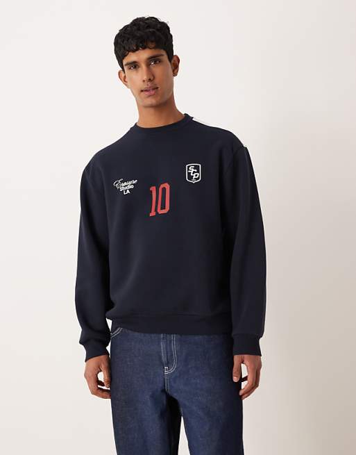 ASOS DESIGN relaxed fit sweatshirt with football print in navy
