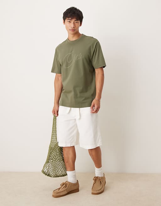 ASOS DESIGN Relaxed Fit T-shirt With Script Print Detail In Khaki