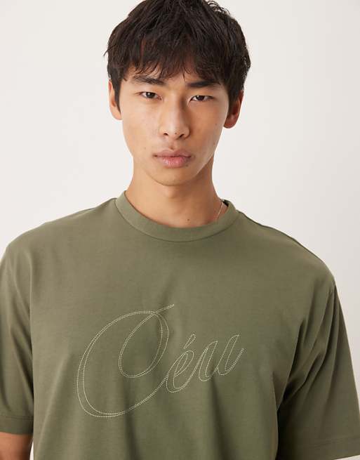 ASOS DESIGN Relaxed Fit T-shirt With Script Print Detail In Khaki