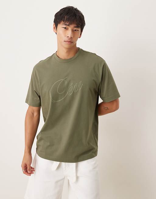 ASOS DESIGN relaxed fit t-shirt with script print detail in khaki